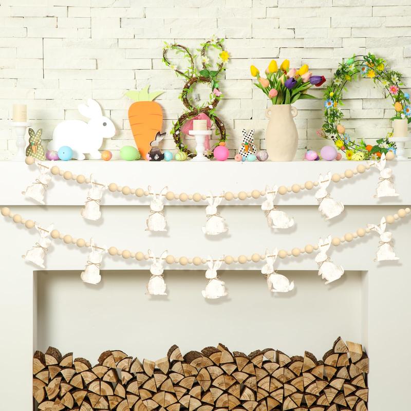 Easter Bunny Garland Wood Beads Banner Rustic Rabbits Hanging Garland with Beads, Bunny Eggs with Bow Door Wreath Garland for Mantle Fireplace Shelf Wall Doorway Display, Spring Home Decor, Easter Decor 2026 Easy Hang Indoor Outdoor Party Supplies & Gifts