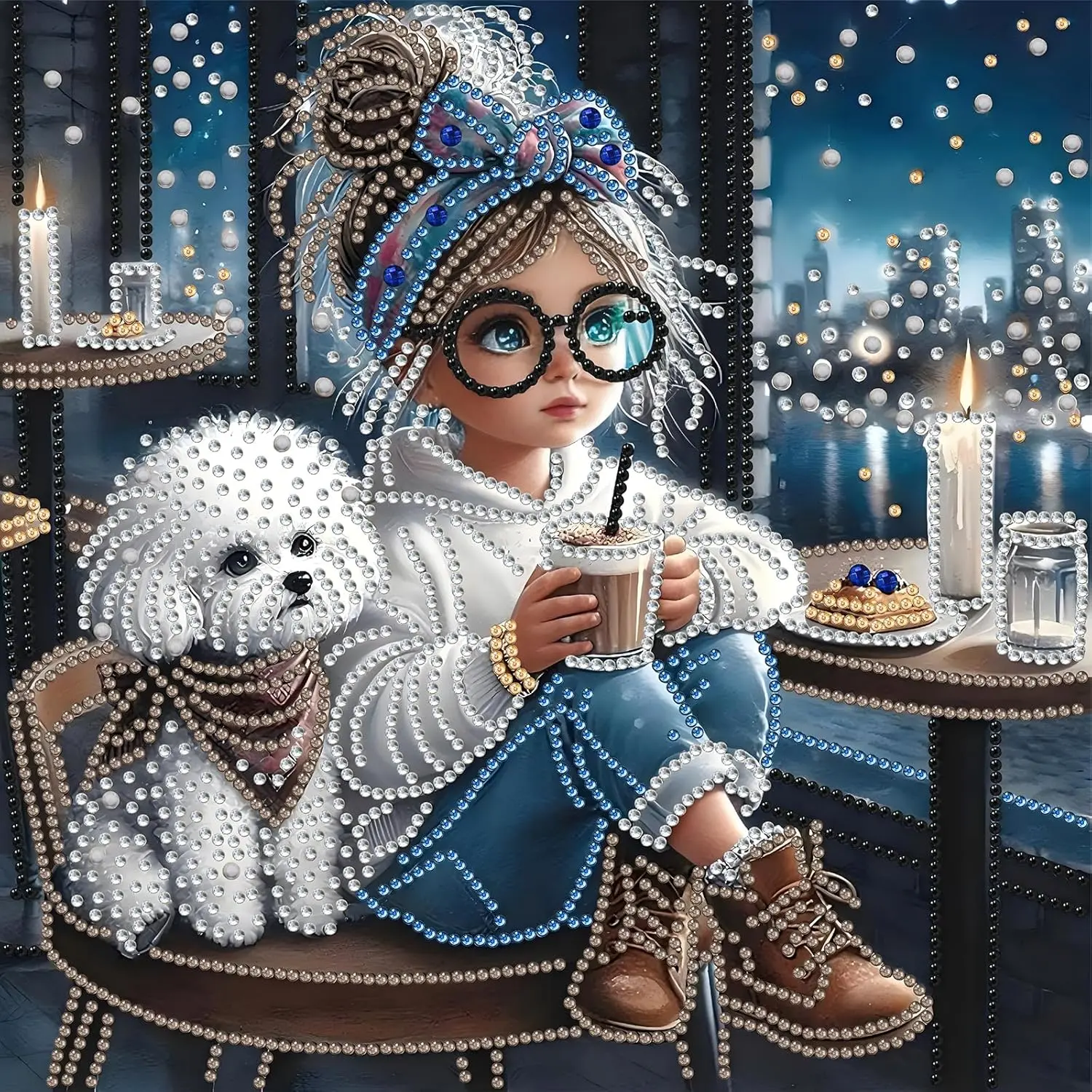 Special Shape Diamond Art Kits for Adults, Cute Little Girl & Dog Nighttime Cafe Scene 5D Diamond Painting Kits for Beginner,DIY Gem Art, Diamond Crystal Rhinestones Painting Kits 11.8x11.8 in