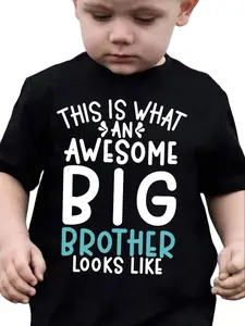 Boys' Cotton Slogan T-Shirt - "Awesome Big Brother" Graphic, Funny Sibling Quote Print, Short Sleeve Casual Black Kids' Top