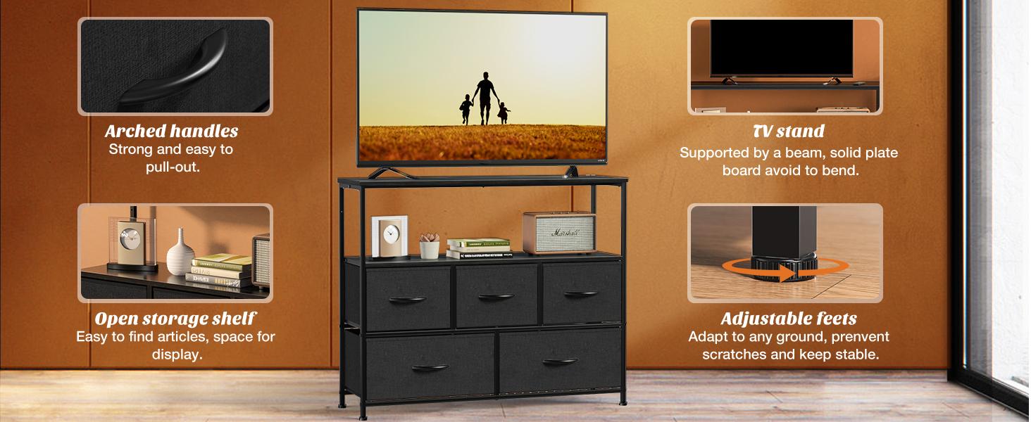 Sweet Furniture Dresser TV Stand, Entertainment Center with 5 Fabric Drawers, Media Console Table for TV with Open Storage Shelf Dresser for Bedroom