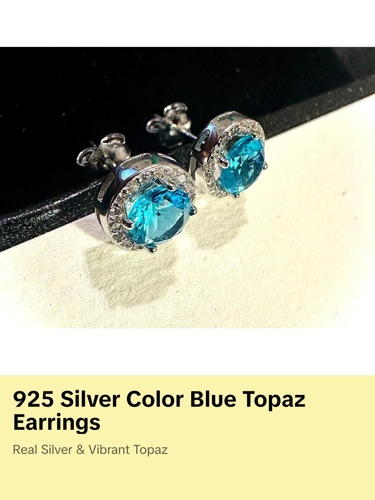 925 Sterling Silver Blue Topaz Stud Earrings 9MM Gift Birthstone