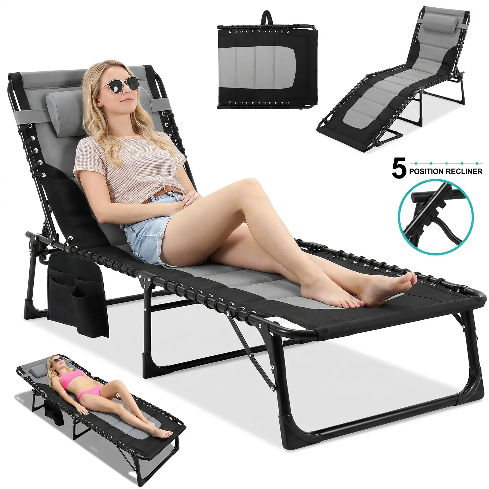 Arlopu Padded Folding Lounge Chair, Portable Reclining Chair with Pillow & Side Pocket, Outdoor 5-Position Adjustable Chaise Lounger with Carrying Handle, Oversized Tanning Chair for Beach, Pool, Sunbathing homeessentials