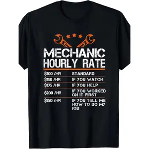 Men's Mechanic Graphic T-Shirt - 100% Casual Round Neck, Hourly Rate Chart & Wrench Design, Auto Repair Humor, S-XXXL, for Mechanics, Dad Gifts Crewneck Tshirt graphic tee men's t shirts funny graphic tee