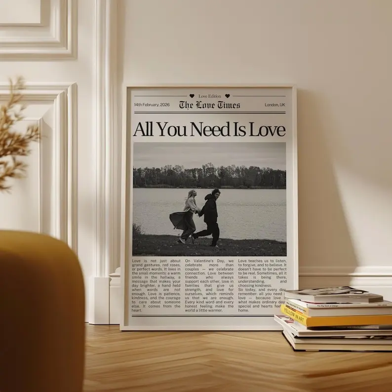 Custom Love Newspaper Poster Personalized Valentine Wall Art, Romantic Couple Photo Print Keepsake, Vintage Newspaper Style Relationship Artwork, Meaningful Anniversary Gift Decor for Bedroom Living Room Home