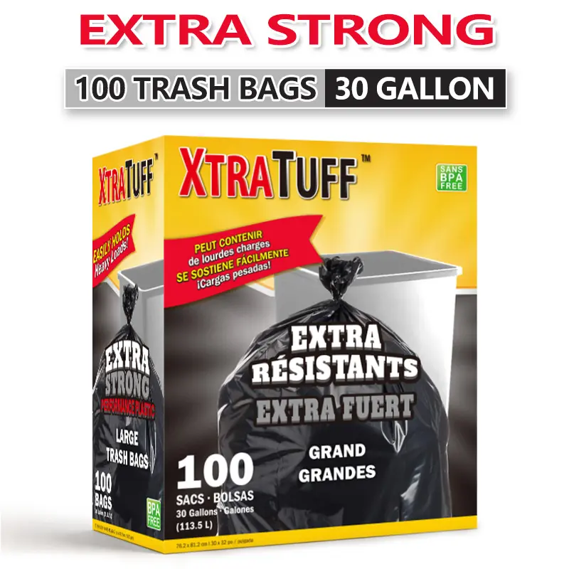 Xtratuff 30-Gal Black Drawstring Trash Bags (100 Count) - BPA-Free, Extra Thick, Tear-Proof, Sturdy Disposable Drawstring Bin Bags, Eco-Friendly Home Care Supplies, Trashbags, Heavy Duty Garbage Bags