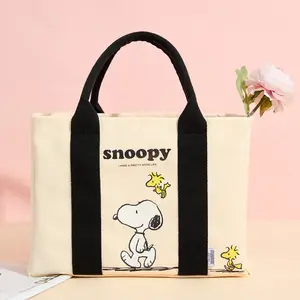 Snoopy Travel Storage Bag Canvas Tote Bag,Vintage Canvas Tote Bag,Artsy Handbag for Women,Cute Peanuts Collection Casual Shopper Bag,for Shopping & Gifting with Cute Cartoon Design Ideal for Everyday Use(Beige)