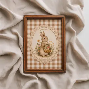Easter Bunny Wall Art Print | Vintage Gingham Rabbit Nursery Decor | Neutral Farmhouse Spring Printable