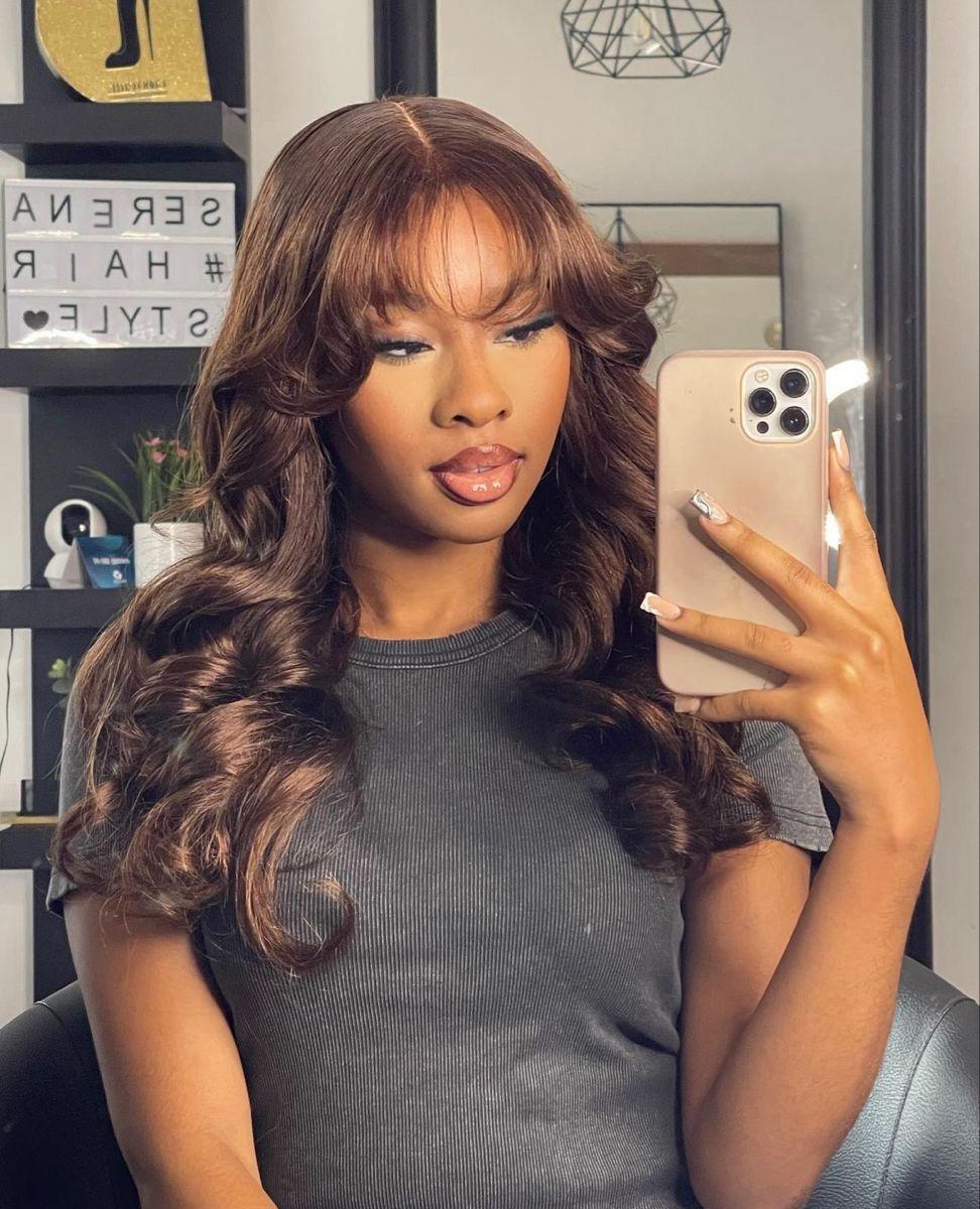13x6 Glueless Wig Human Hair HD Lace Front Wig With Bangs Chocolate Brown Body Wave 200 Density Lace Front Wigs Human Hair Pre Cut Pre Plucked Ready to Wear Chestnut Brown Wig For Women