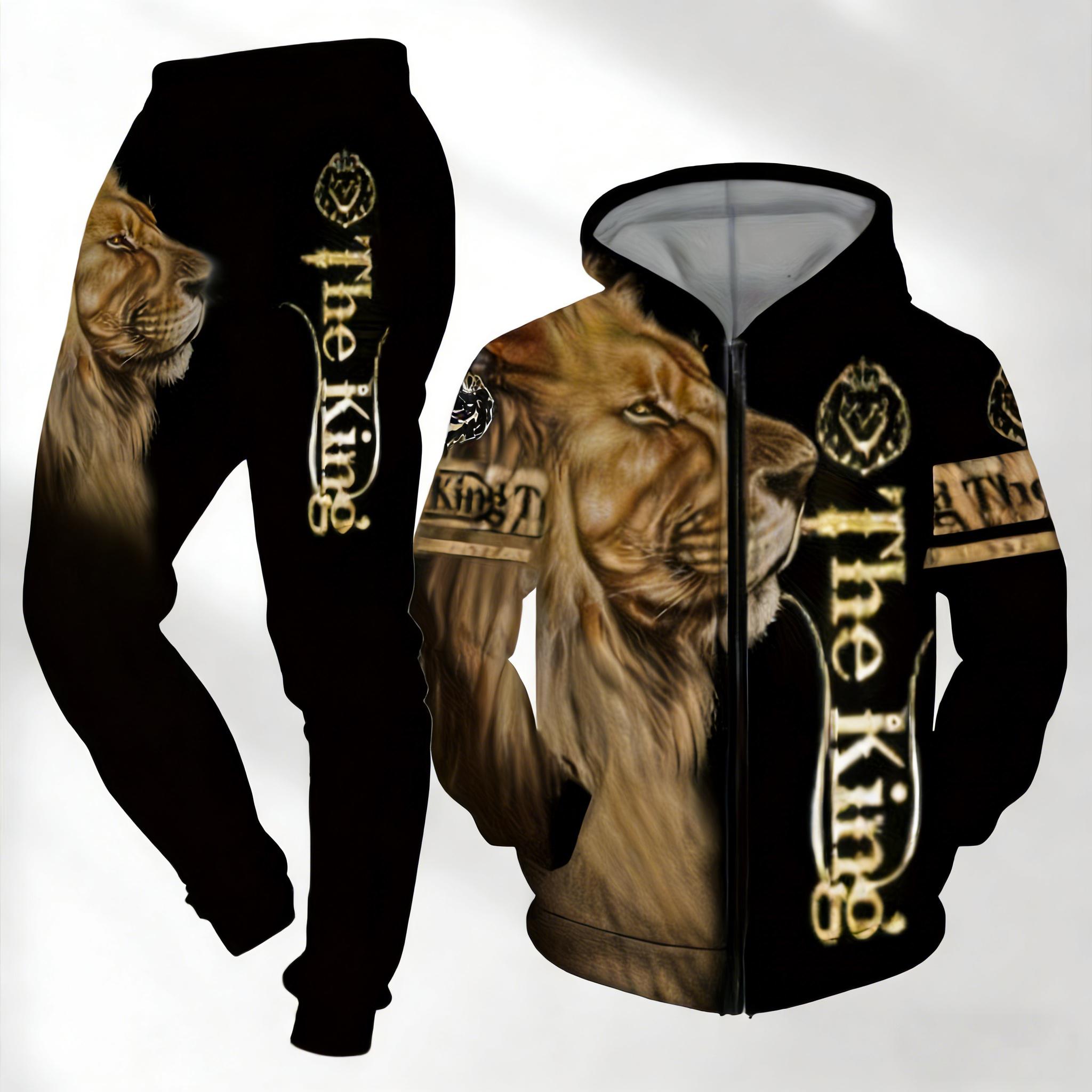 Men's "The King" Lion Pattern Sports Set with Zipper Hoodie and Jogger Pants, Bold 3D Print Streetwear, Suitable for Casual and Hip Hop Style Athletic Training Apparel Athletic Workout Clothing