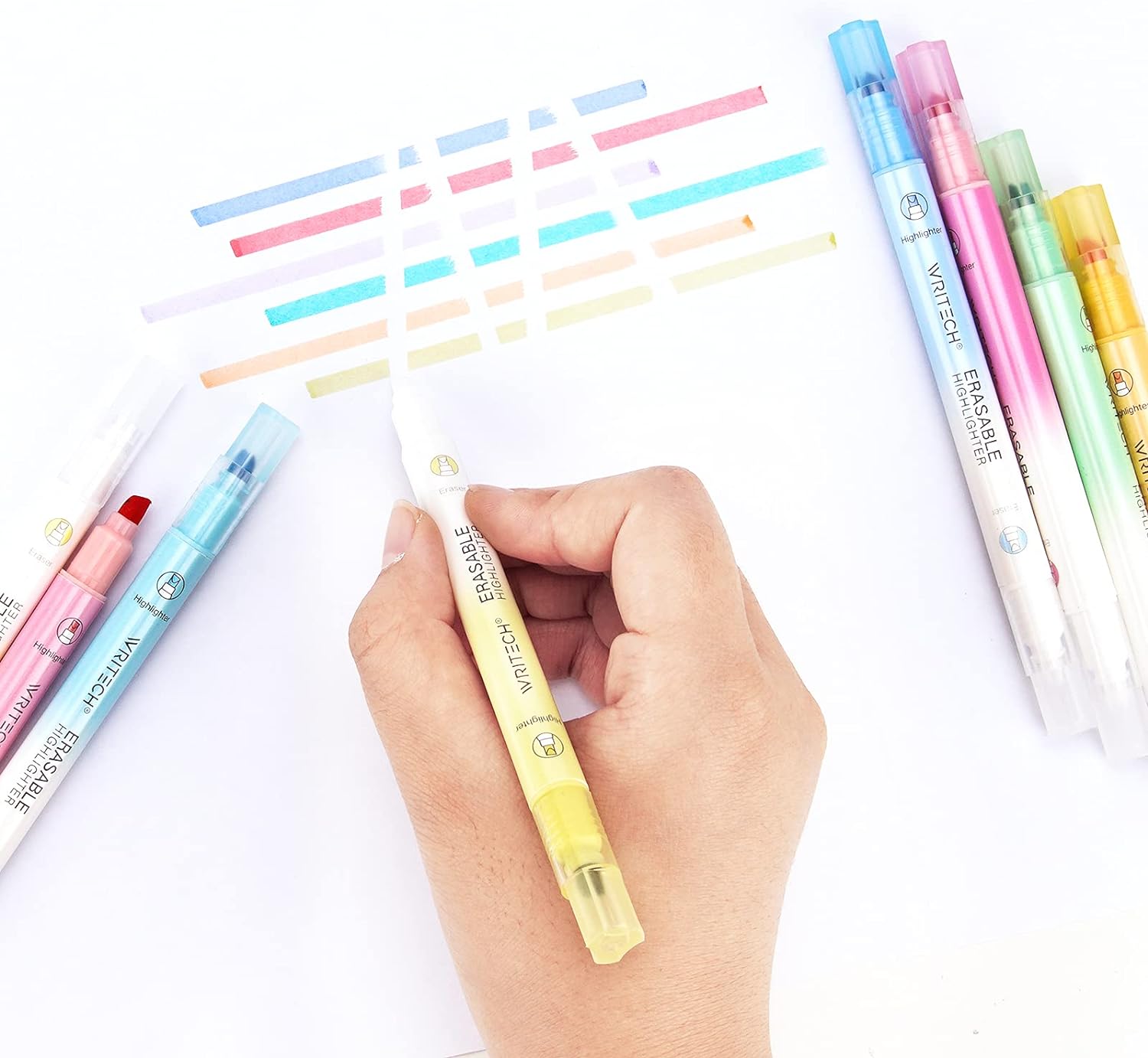 WRITECH Erasable Highlighters Chisel Tip, Smooth Writing No Bleed Double Head Highlighter for Highlighting and Marking, Assorted Colors, 12 Count