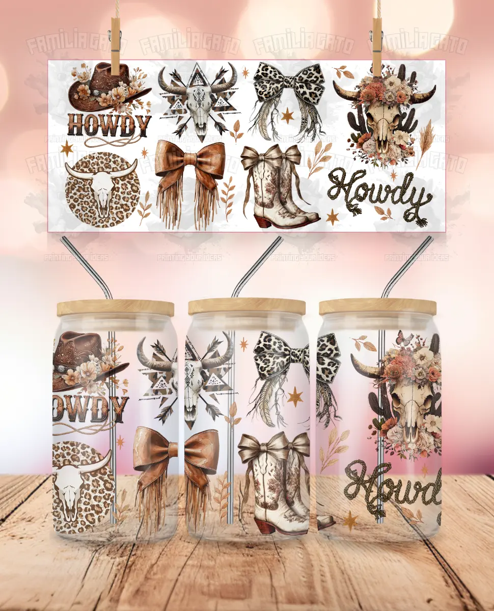 Western Howdy Cowgirl-Themed Adhesive Sticker Decal, Skulls & Bows UVDTF Wrap For 16 oz Libbey Glass Cup (DIY Scrapbooking & Stamping Supply)
