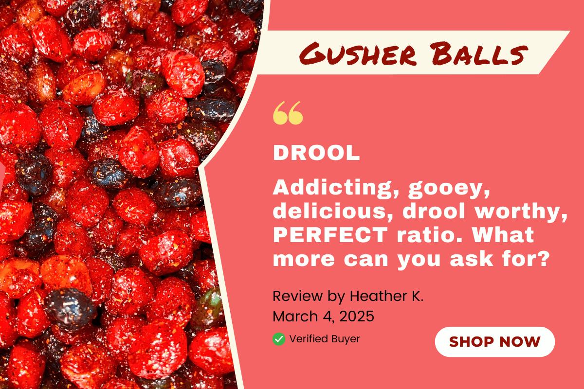 GUSHER BALLS Chamoy Candy - Chilitos Sweet, Sour & Spicy Chili Snack - Mexican Fruit Flavored Gummy Candy for All Ages, Authentic Dulces Mexicanos Enchilados, Candy Bags & Candy Jars with Tamarindo Pulp Chamoy