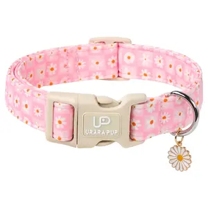 UP URARA PUP Daisy Dog Collar, Cute Pink Grid Puppy Collar with Quick-Release Plastic Buckle for Small Medium Large Dogs