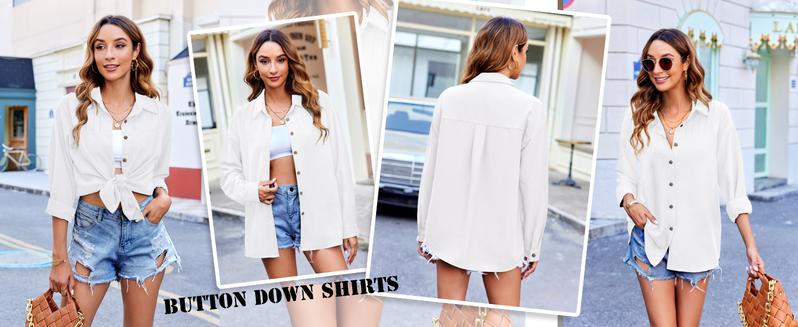 Womens Long Sleeve Button Down Shirts Oversized Collared Drop Shoulder Work Tops Textured Loose Blouse S-XXXL