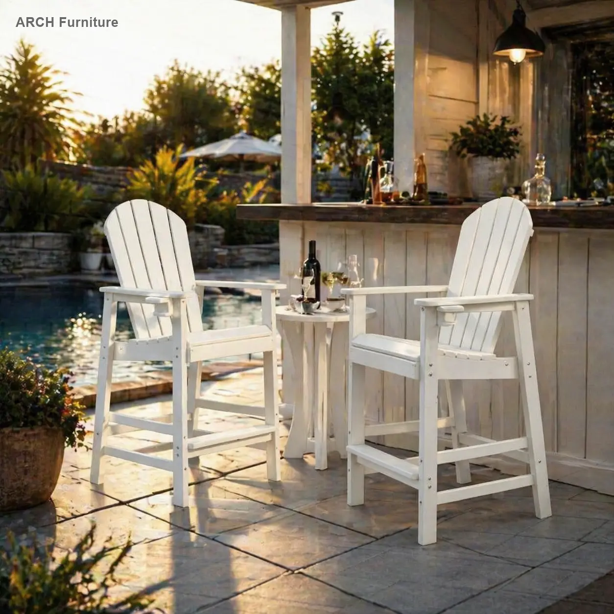 ARCH All-Weather HDPE Bar Height Adirondack Outdoor Chair - Ergonomic High Back Plastic Chair with Armrests, Built-in Drink Holder, UV Protection, Waterproof for Backyard, Poolside (1 Piece, White), Sun Protection, Outdoor Chairs