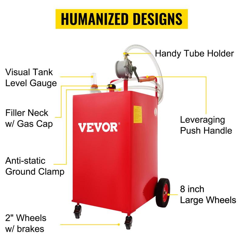 VEVOR Fuel Caddy, 35 Gallon, Gas Storage Tank on 4 Wheels, with Manuel Transfer Pump, Gasoline Diesel Fuel Container for Cars, Lawn Mowers, ATVs, Boats, More, Red Bottles Hand VEVOR Fuel Caddy, 35 Gallon, Gas Storage Tank on 4 Wheels, with Manuel Transfer Pump, Gasoline Diesel Fuel Container for Cars, Lawn Mowers, ATVs, Boats, More, Red Bottles Hand