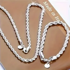 925 Sterling Silver Twisted Rope Chain Necklace Unisex Shiny Hip Hop Style Daily and Party Wear Silver Plated