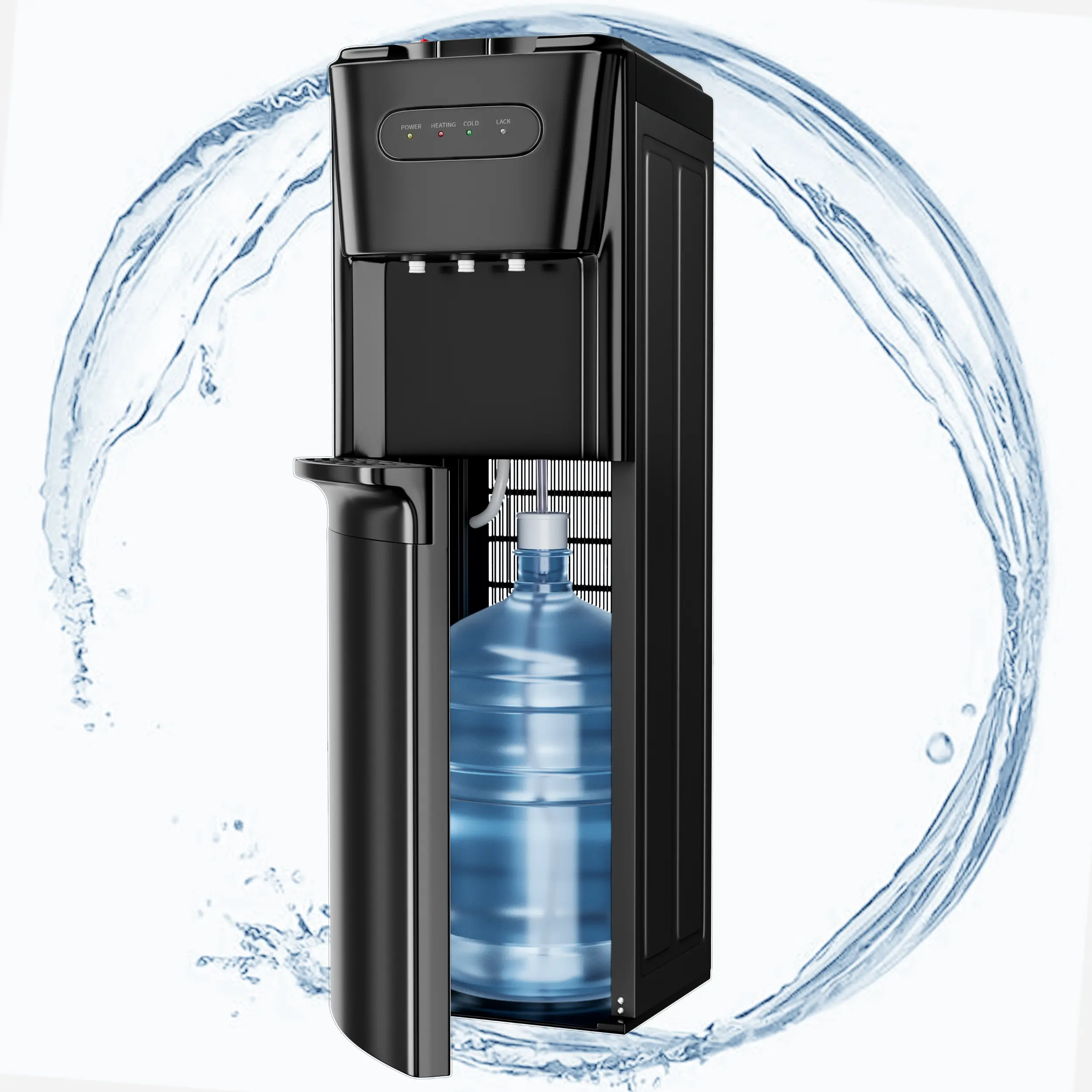 TEHANLD Bottom Fill Water Cooler Dispenser - 3/5 Gal Bottle Fit, Hot-Cold-Temp Options, Slim Body, Rubber Hose, Temperature Sensor, Empty Bottle Indicator, Child Safety Lock, Ideal for Home/Office, Dark Black, Bottom Fill Water Coolers & Dispensers