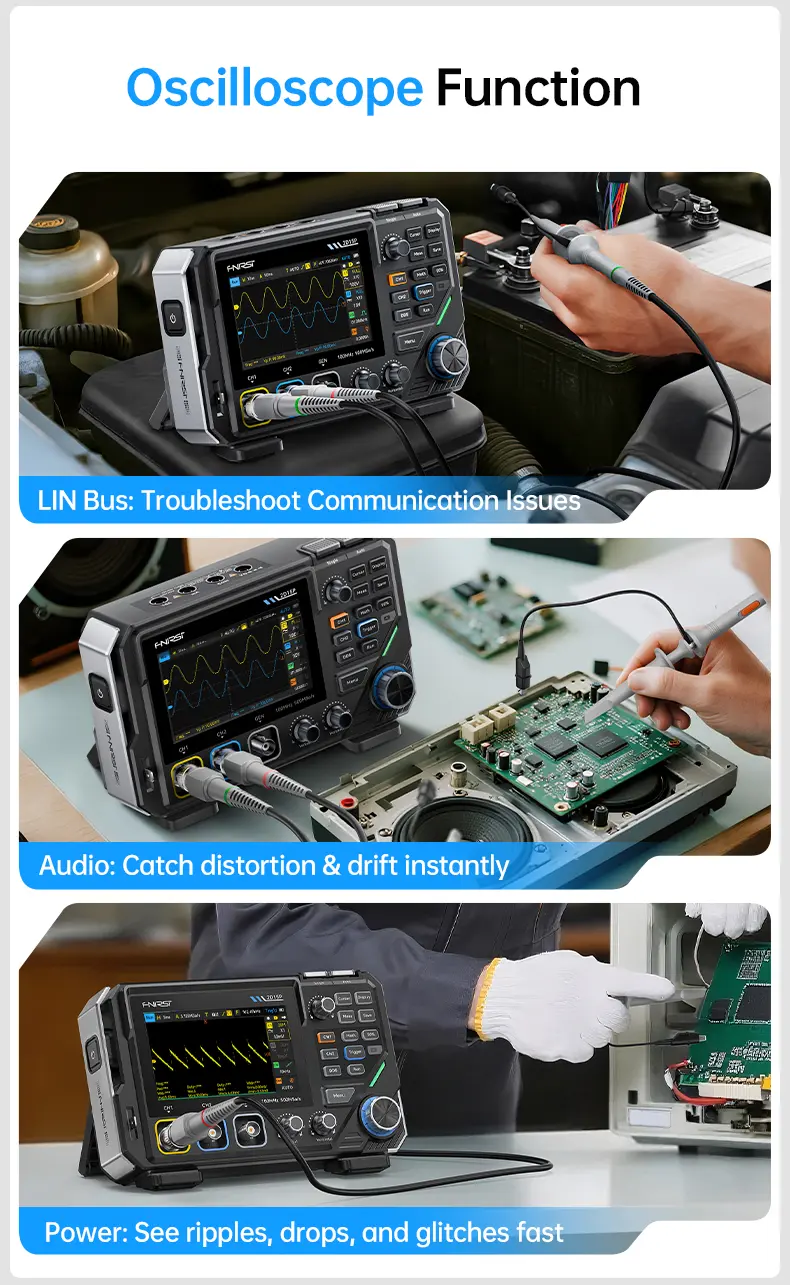 FNIRSI 2D15P Handheld Oscilloscope Multimeter - 3-in-1 Digital 2CH Automotive Tool with 100MHz Bandwidth, 500MS/s Sampling, 19,999 TRMS Counts, 10MHz DDS Signal Generator, 4.3 Touch Screen, 128-Level Grayscale Display, 6 Math Operations, Built-in Cells