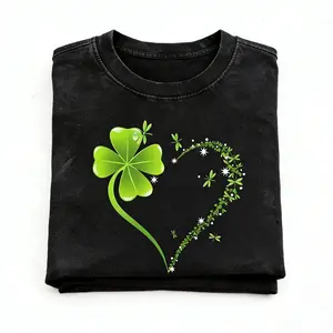 Crew Neck T Shirt Four Leaf Clover Heart Design St Patrick's Day Celebration A302