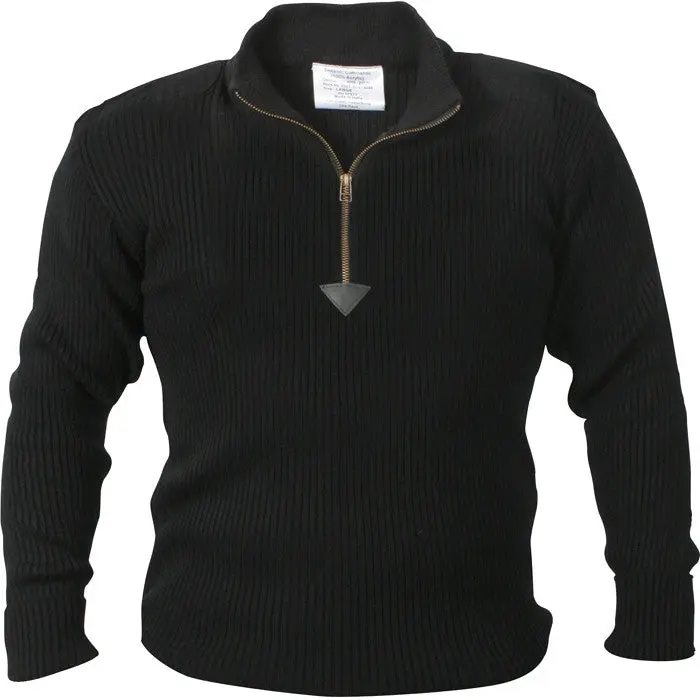 Menswear Knitwear Top, Black Quarter-Zip Acrylic Commando Sweater with Suede and Leather Accents, Tops, Ribbed, Zipper, Commando Top
