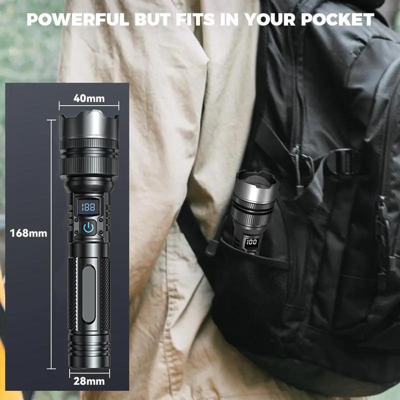 Strong Flashlight 2000LM LED with charging Phone function Digital display of power, Rechargeable，Zoomable, , X4Waterproof, Adjustable Brightness Flash Light for Outdoor, Emergency, Camping Accessories