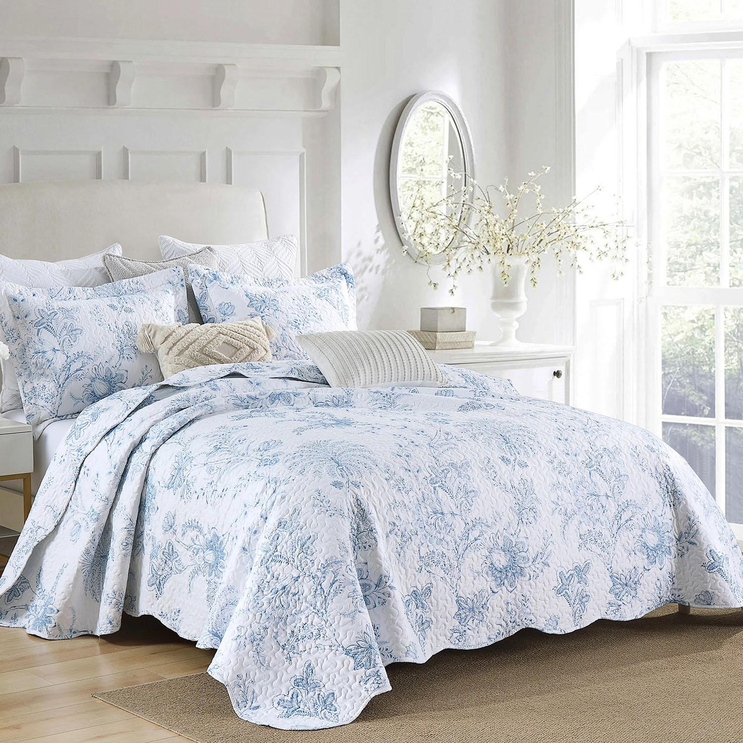 3-Piece Printed Floral Quilt Set in Blue & White Pattern - Lightweight Bedspread for Home Decor - Flat Weave Design Decorative Bedding Set Soft Bedding Sets Bedsheet Sets