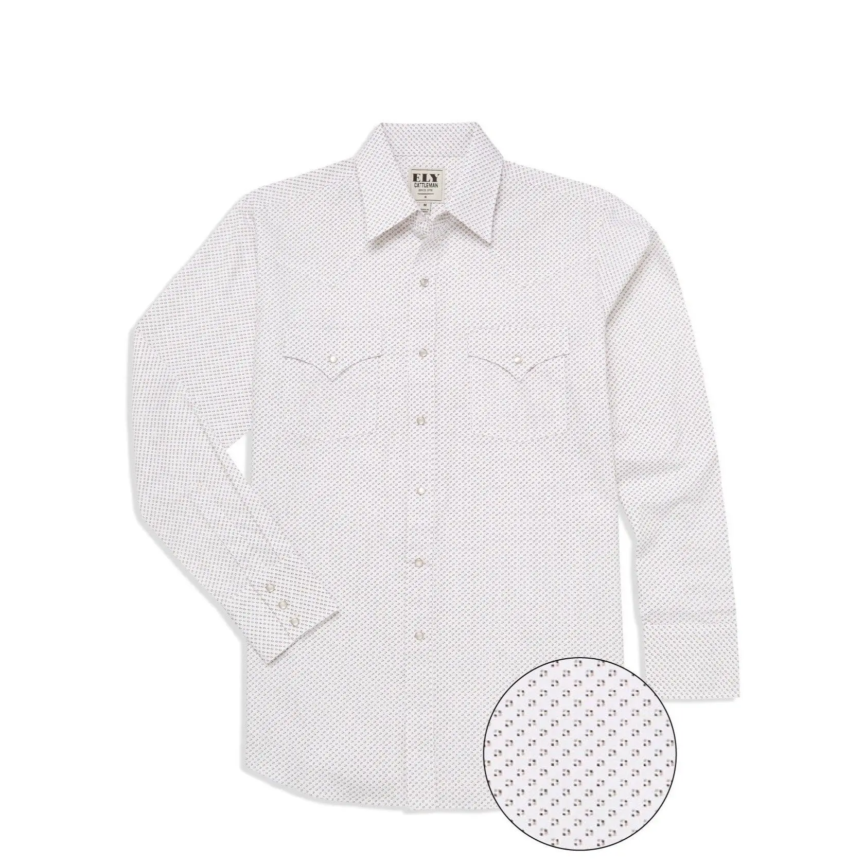 Men's Ely Cattleman Cotton Cowboy Shirt - White, Long Sleeve, Geo Print, Western Snap, Pocket