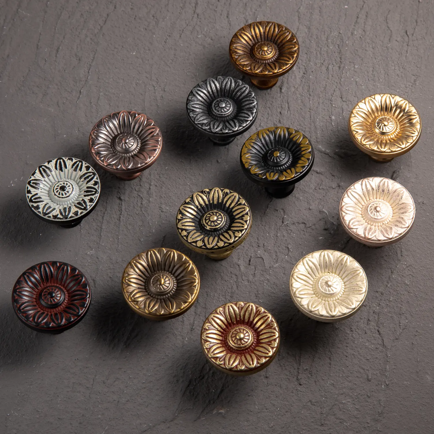 6-Knobs Vintage Flower Pattern Doorknobs Set, Antique Brass Finish, Retro Embossing, Elegant Durable Hardware with Vintage Charm for Home Decor Furniture