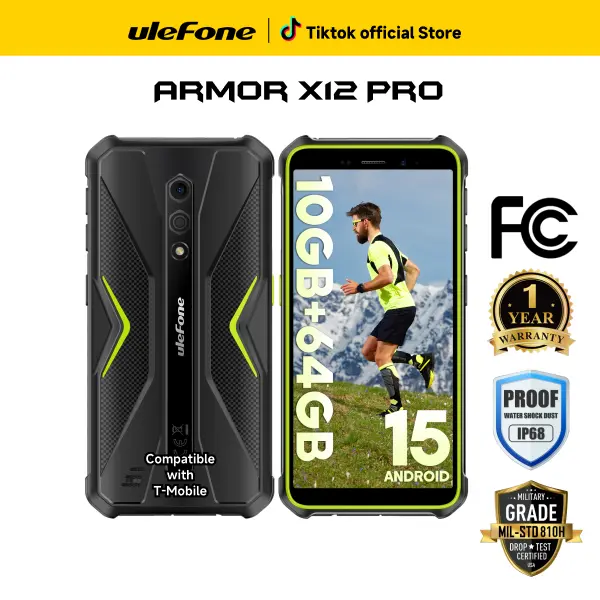 Ulefone Armor X12 Pro/Armor X12 Rugged Cellphone, Unlocked Waterproof Mobile Phone, Octa-core Android 15, 10GB+64GB/6GB+32GB, Dual SIM Global 4G LTE, 4860mAh Battery, Face Recognition, Bluetooth, NFC, Compass - Green