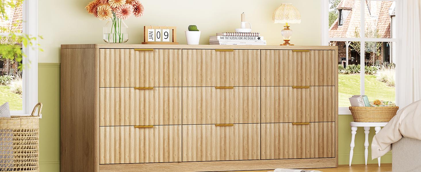 Modern Wooden  Fluted Dresser with 9 Drawers 53'' Wide Farmhouse Dressers with Faux Marble Top Wood Chests of Drawers with Gold Handle & Curved Profile Dresser for Bedroom  Cupboard