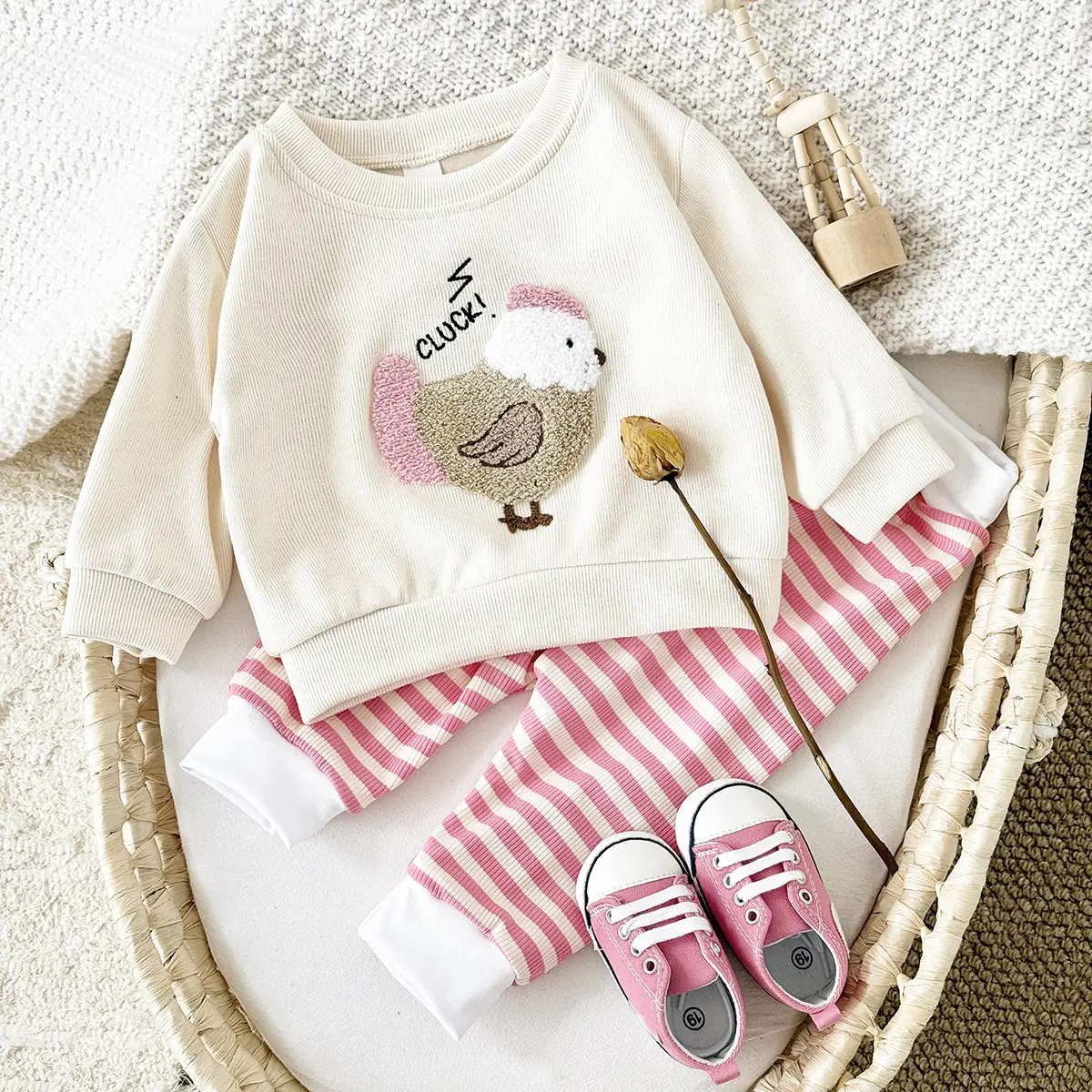 Baby & Toddler 2-Piece Spring-Autumn Clothes Gift Set - Warm Apricot Cartoon Appliqué Sweatshirt + Loose Pink-White Stripe Long Pants, Cozy Stripe Baby Girls Gift Sets (Top & Bottom Only; No Shoes, Hats or Other Accessories), Rabbit, Animals