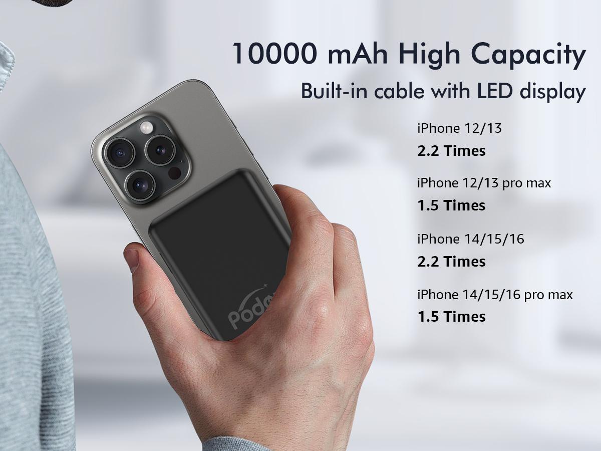 Podoru for MagSafe Battery Pack, 10000mAh Power Bank Built-in USB-C Cables Wireless Magnetic Portable Charger for iphone 15 and above model Podoru for MagSafe Battery Pack, 10000mAh Power Bank Built-in USB-C Cables Wireless Magnetic Portable Charger for iphone 15 and above model