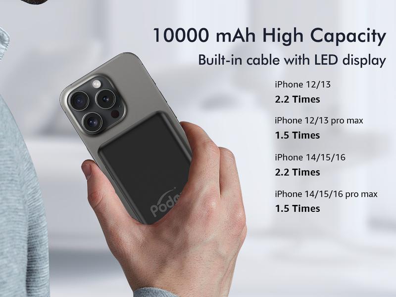 Podoru for MagSafe Battery Pack, 10000mAh Power Bank Built-in USB-C Cables Wireless Magnetic Portable Charger for iphone 15 and above model Podoru for MagSafe Battery Pack, 10000mAh Power Bank Built-in USB-C Cables Wireless Magnetic Portable Charger for iphone 15 and above model