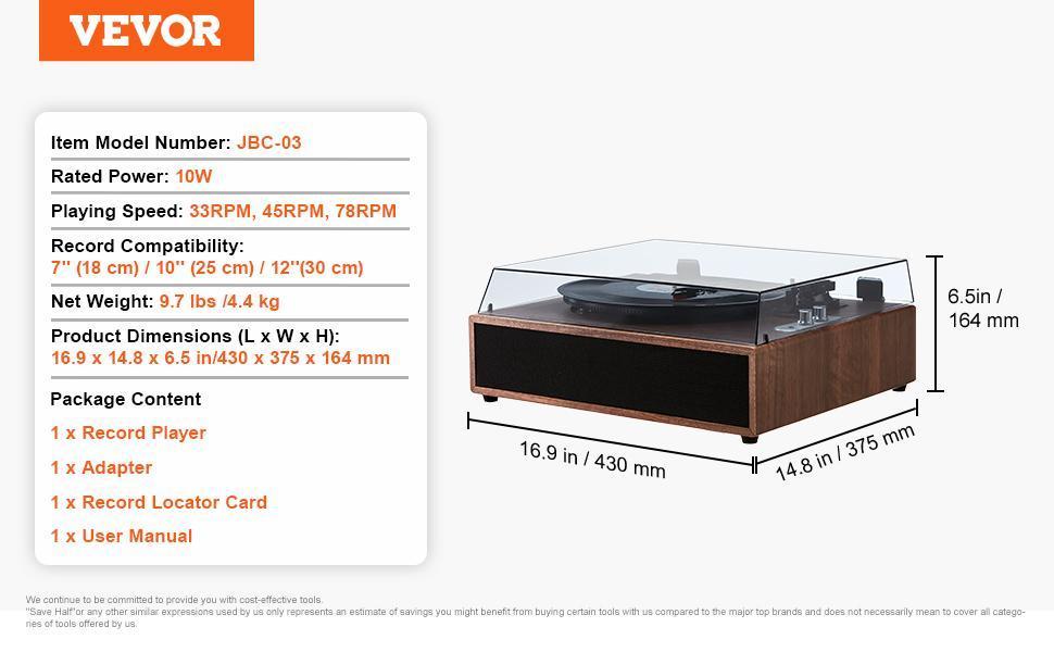VEVOR Vinyl Record Player, 3-Speed, Belt Driven Turntable Player with Built-in 5W Stereo Speakers Magnetic Cartridge, Support 33/45/78 RPM Bluetooth Aux in RCA Output, for 7/10 /12 in Vinyl Records VEVOR Vinyl Record Player, 3-Speed, Belt Driven Turntable Player with Built-in 5W Stereo Speakers Magnetic Cartridge, Support 33/45/78 RPM Bluetooth Aux in RCA Output, for 7/10 /12 in Vinyl Records