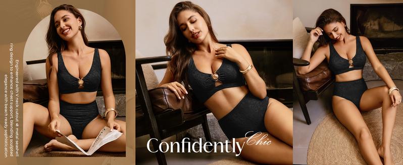 Hanna Nikole Women High Waisted Bikini Sets 2 Piece Swimsuits Tummy Control Textured Bathing Suit Metal Cutout Swimwear