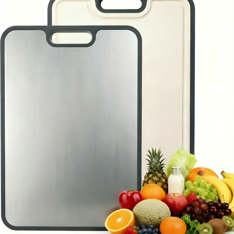 14x10 in Food-Grade Stainless Steel & PP Chopping Board, Reversible Rectangular Anti-Bacterial Durable Kitchen Board with Grip-Handle Carry, Large Surface, Dishwasher Safe, Portable for Garlic-Meat Prep, Chopping Garlic