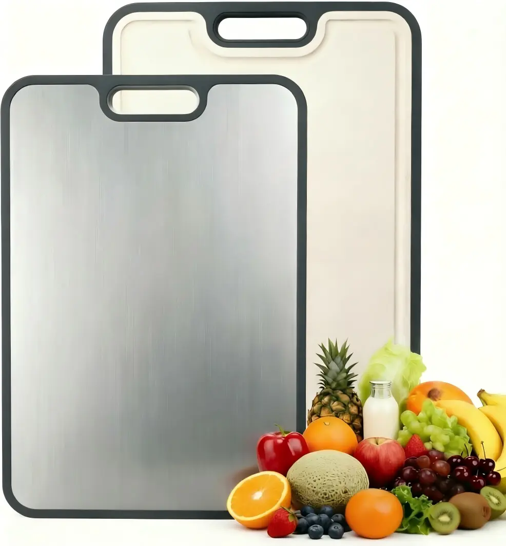 14×10in Food-Safe Stainless Steel & PP Reversible Rectangular Chopping Board, Anti-Bacterial Durable Kitchen Board with Grip Handle, Large Surface, Easy to Clean Portable for Meat, Garlic Prep, Everyday Use & Other Ingredients