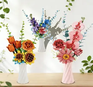 3D Wooden Puzzle Flower Kit with Vase, Assorted Blooms Including Rose, Chrysanthemum, Lily & Sunflower, Valentine's Day Gift, Premium Desktop Decoration for Home & Office