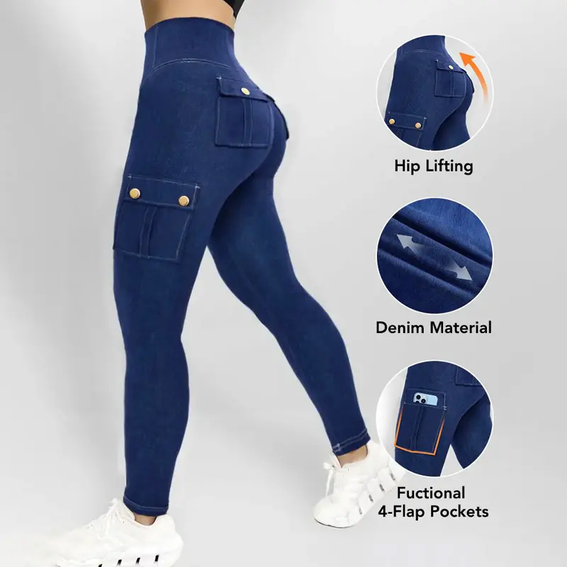 CHICME Women's High Waist Leggings with Flap Pockets Tummy Control Workout Active Pants Gym Sportswear Bottoms