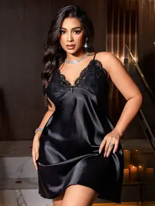 UrbanAthleteStore SilkySpell Plus Size Women's Lace V-Neck Backless Fitted Satin Slip Dress