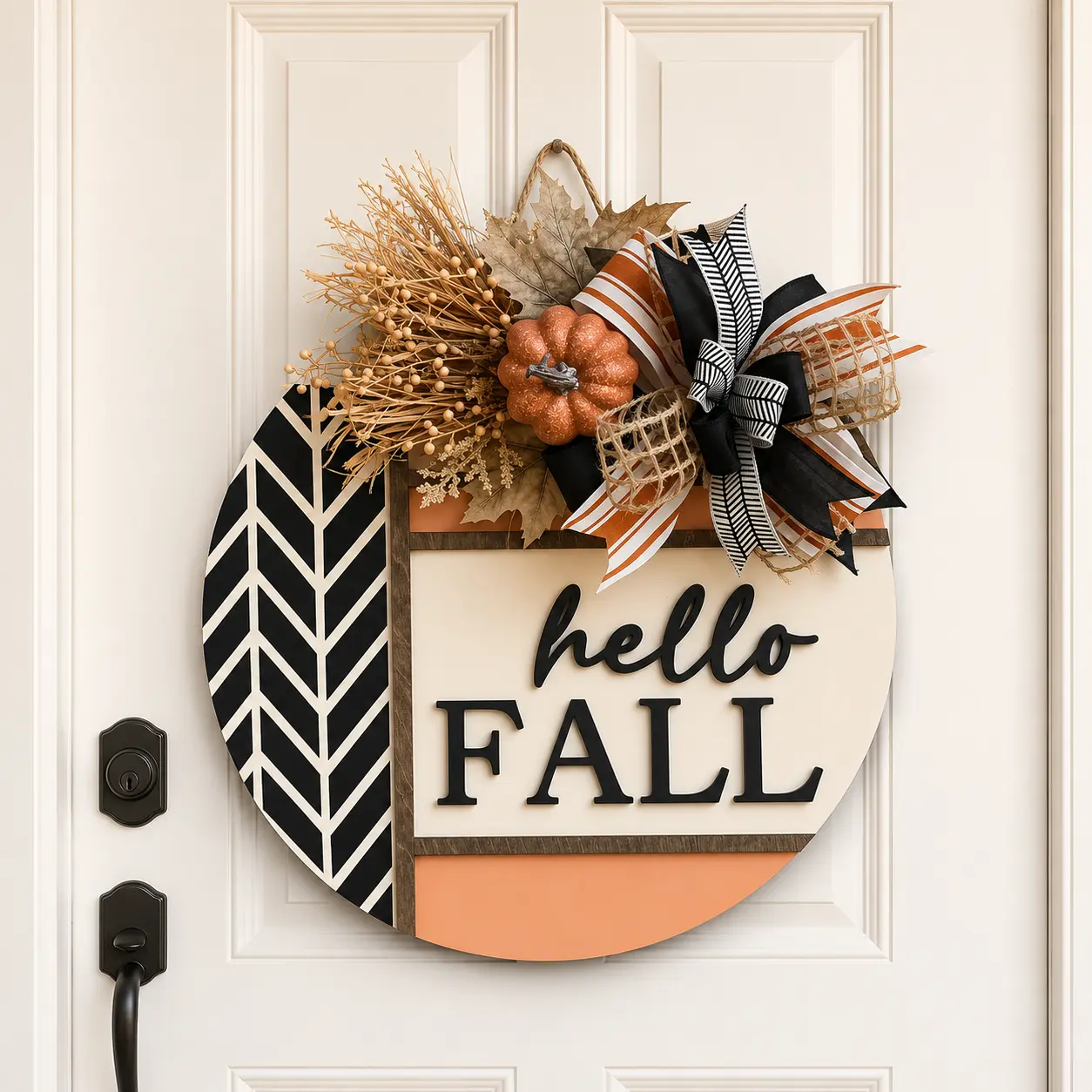 Wooden Pumpkin Door Hanger - 3D Hello Fall Bow Design, Rustic Farmhouse Front Door Decoration, Festive Welcome Gift