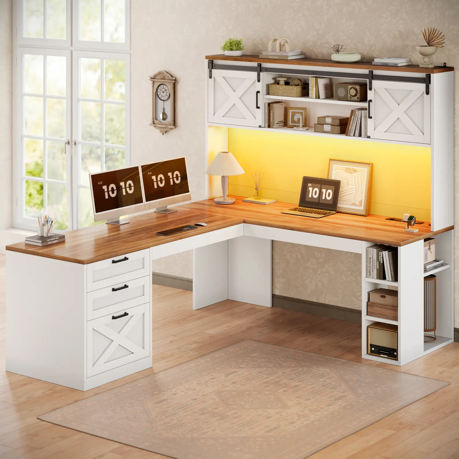 Sedeta 67-Inch Farmhouse L-Shaped Executive Computer Desk - Engineered Wood Office Furniture Workstation with Integrated Bookshelf with Drawers, Sliding Doors, Power Outlets, USB Ports, LED Lights, Easy Setup for Dual Monitor/Streamer Setups, Office Inspo