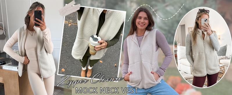 Songling Sherpa Fleece Vest for Women Trendy Warm Sleeveless Vests Jacket Lightweight Zip Coats with Pockets Fall Outerwear Fabric Soft Womenswear Fuzzy Casual Brown Outdoor Minimalist