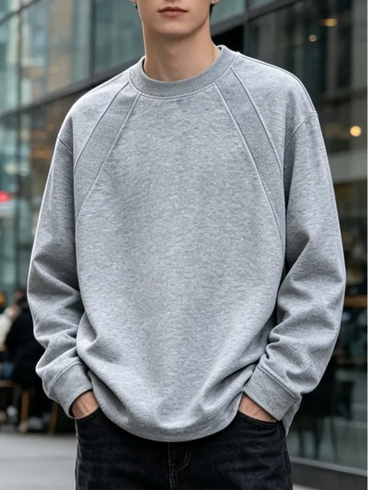 Men's Raglan Sleeve Crew Neck Sweatshirt, Loose Fit Plain Long Sleeve Pullover Top, Minimalist Casual Soft Basic Sweatshirt For Street Daily Layered Outfits