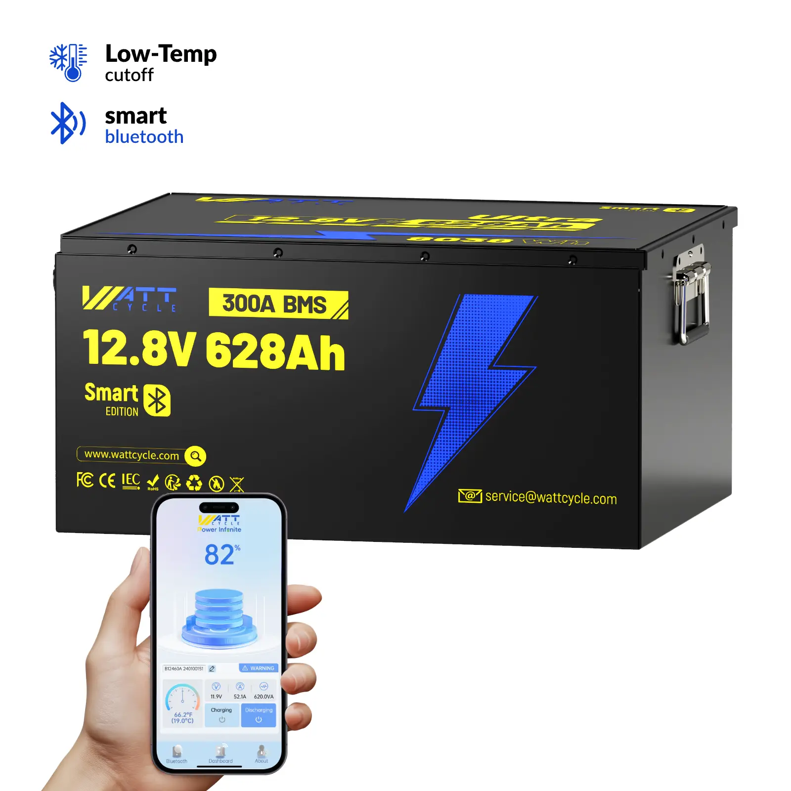 WattCycle 12V 628Ah Cap. LiFePO4 Lithium Home Battery, Compact, Bluetooth, 300A Built-in BMS, EV+ Cells, Low Temp Protection, 15000+ Cycles, Metal Case, 8038Wh Energy, Solar Inverter Battery Combo Power Supplies, for RV Off Grid Backup