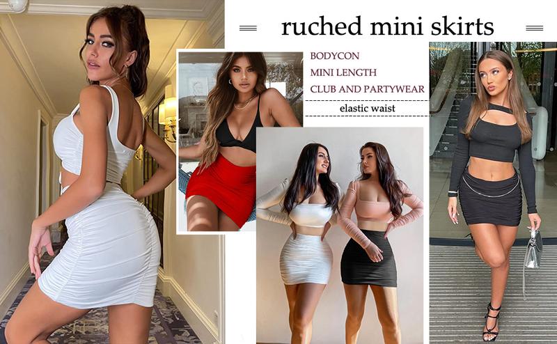 OYS Women's Sexy High Waist Solid Tight Ruched Bodycon Mini Club Skirt