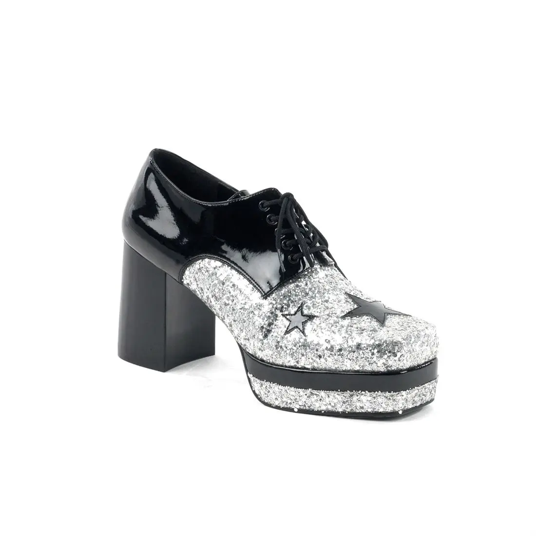 Women's Black Glitter Platform Oxfords, Edgy Lace Up Fashion Footwear with a Stacked 3.5" High Heel for Parties, Shoe, Stylish, Party, 1 1/2" Stacked Platform, Cosplay Wear, Edgy Look, Glittered, Stacked Heel