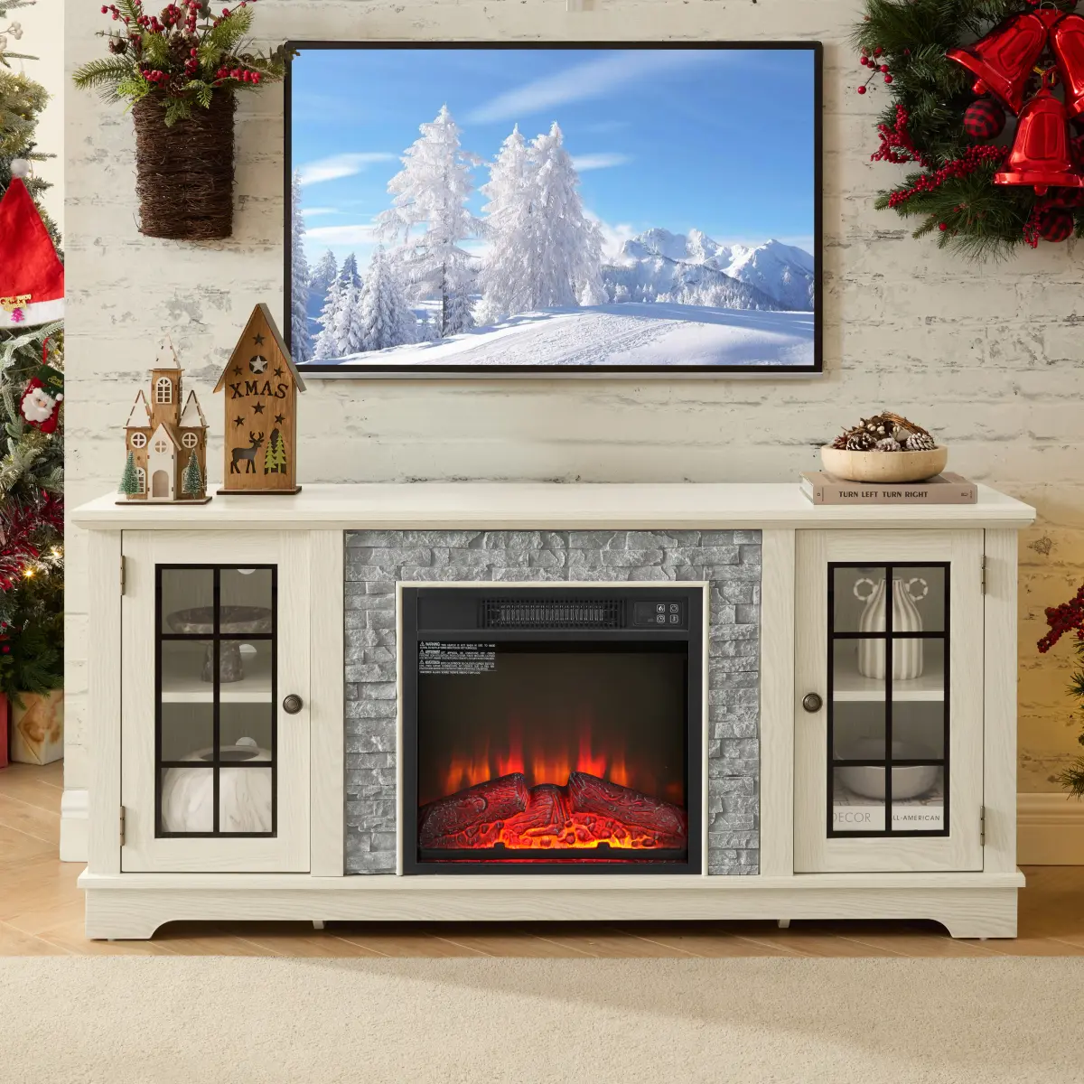 [Bellemave]58" Modern TV Stand with 2-Door Storage & 18" Electric Fireplace, Faux Stone Media Console Cabinet, White Large Entertainment Center for Living Room Tv Shelf