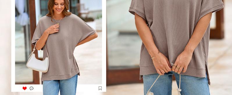 Tankaneo Womens Oversized T Shirts Summer Casual Ribbed Batwing Short Sleeve Tunic Tops Loose Fit Dolman Sleeve Tees